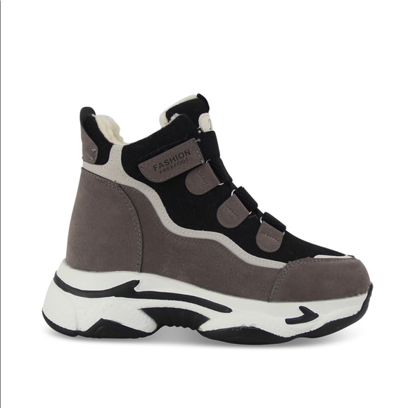 Fur Lined Thick Sole Winter Sneaker in Grey Faux Suede - Women’s - Picture 2 of 5